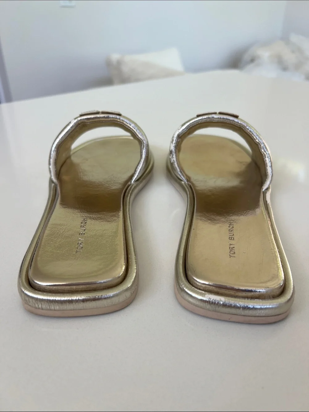 Tory Burch spark gold metallic open toe double T sport slide leather sandals 8